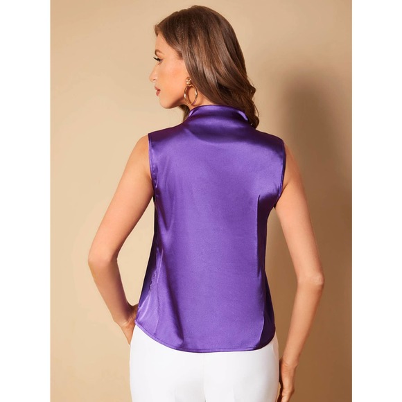 Purple Solid V Neck Satin sleeveless Blouse - Picture 2 of 11